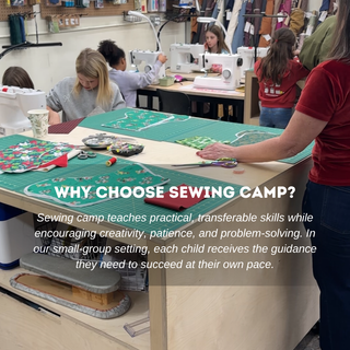 A sewing class in progress with multiple children sewing at tables equipped with sewing machines and fabric, overlaid with the text 'WHY CHOOSE SEWING CAMP?'.
