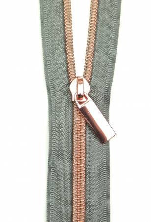 Size 3 Nylon 3yd Coil of Zipper (9 pulls incl) - Grey w/ Rose Gold